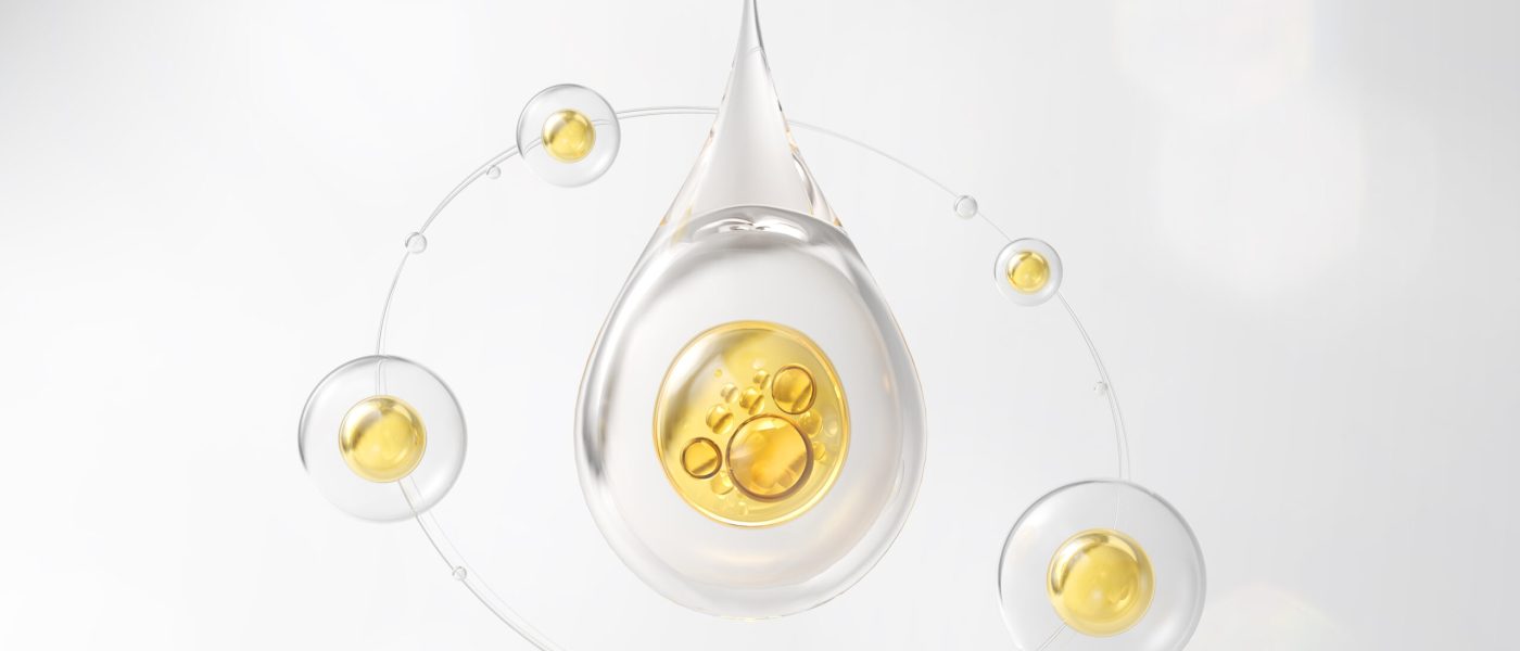 Skin Serum and Vitamin collagen with Liquid Bubble on pink color background. 3d rendering.